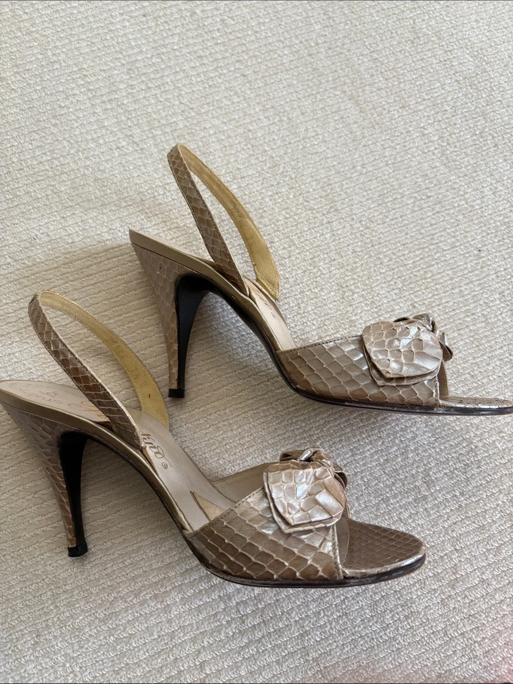 Stuart Weitzman Metallic Taupe Snake-Embossed Slingback Heels